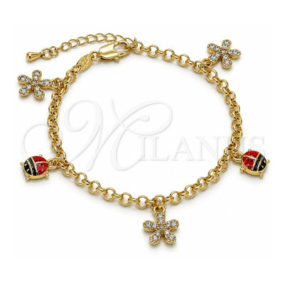 Oro Laminado Charm Bracelet, Gold Filled Style Flower and Ladybug Design, with White Crystal, Multicolor Enamel Finish, Golden Finish, 03.63.1364.07 (04 MM Thickness, 7 Inches Length)