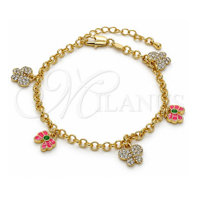 Oro Laminado Charm Bracelet, Gold Filled Style Butterfly and Rolo Design, with White Crystal, Pink Enamel Finish, Golden Finish, 03.63.1363.07 (04 MM Thickness, 7 Inches Length)