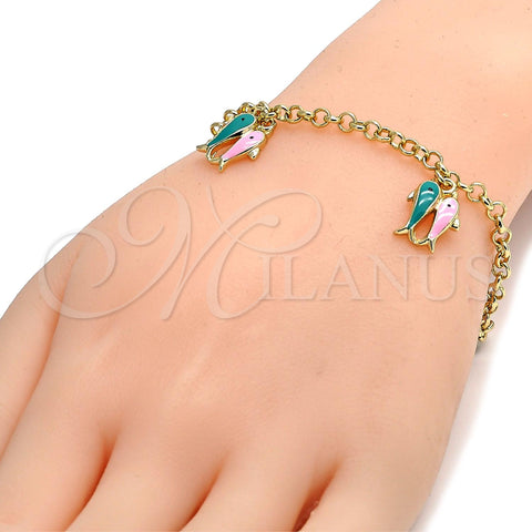 Oro Laminado Charm Bracelet, Gold Filled Style Fish and Rolo Design, Multicolor Enamel Finish, Golden Finish, 03.63.1360.07 (04 MM Thickness, 7 Inches Length)