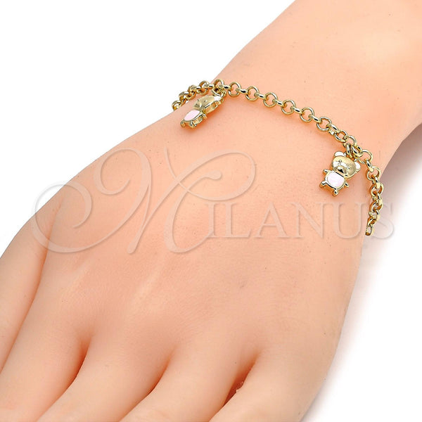 Oro Laminado Charm Bracelet, Gold Filled Style Teddy Bear and Rolo Design, Pink Enamel Finish, Golden Finish, 03.63.1359.07 (04 MM Thickness, 7 Inches Length)