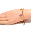 Oro Laminado Charm Bracelet, Gold Filled Style Star and Rolo Design, with White Crystal, Pink Enamel Finish, Golden Finish, 03.63.1358.07 (04 MM Thickness, 7 Inches Length)