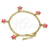 Oro Laminado Charm Bracelet, Gold Filled Style Star and Rolo Design, with White Crystal, Pink Enamel Finish, Golden Finish, 03.63.1358.07 (04 MM Thickness, 7 Inches Length)