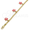 Oro Laminado Charm Bracelet, Gold Filled Style Star and Rolo Design, with White Crystal, Pink Enamel Finish, Golden Finish, 03.63.1358.07 (04 MM Thickness, 7 Inches Length)