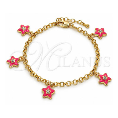 Oro Laminado Charm Bracelet, Gold Filled Style Star and Rolo Design, with White Crystal, Pink Enamel Finish, Golden Finish, 03.63.1358.07 (04 MM Thickness, 7 Inches Length)