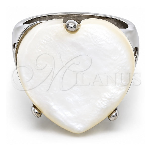 Stainless Steel Multi Stone Ring, Heart Design, with Ivory Mother of Pearl, Polished, Steel Finish, 01.235.0004.1.09 (Size 9)