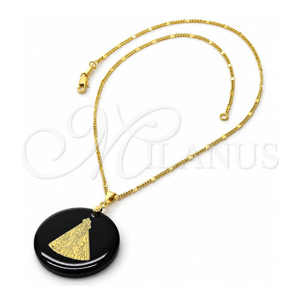 Oro Laminado Pendant Necklace, Gold Filled Style Caridad del Cobre Design, with Black Opal, Polished, Golden Finish, 04.09.0037.18 (0.35 Gauge, 01 MM Thickness, 18 Inches Length)
