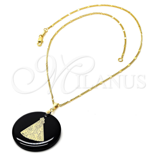 Oro Laminado Pendant Necklace, Gold Filled Style Caridad del Cobre Design, with Black Opal, Polished, Golden Finish, 04.09.0037.18 (0.35 Gauge, 01 MM Thickness, 18 Inches Length)