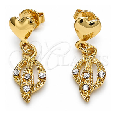 Oro Laminado Dangle Earring, Gold Filled Style Heart Design, with White Crystal, Polished, Golden Finish, 02.63.2489