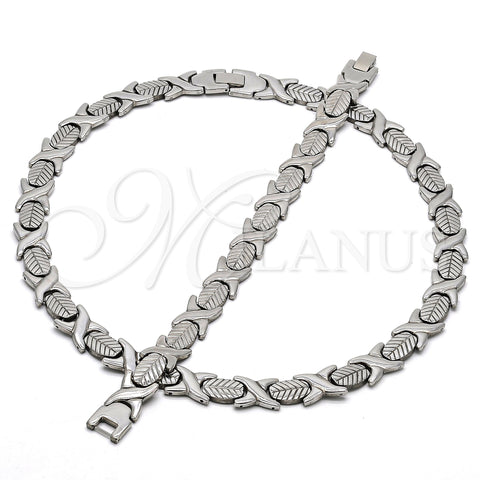 Stainless Steel Necklace and Bracelet, Hugs and Kisses and Leaf Design, Polished, Steel Finish, 06.231.0003