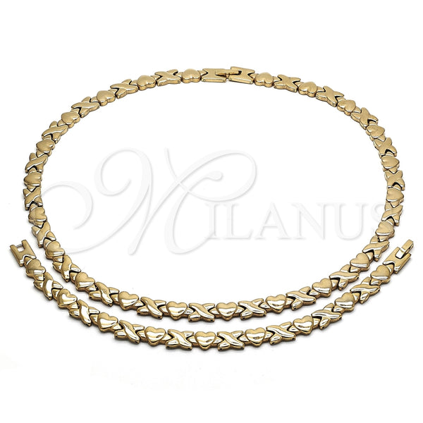 Stainless Steel Necklace and Bracelet, Hugs and Kisses and Heart Design, Polished, Golden Finish, 06.231.0004.2
