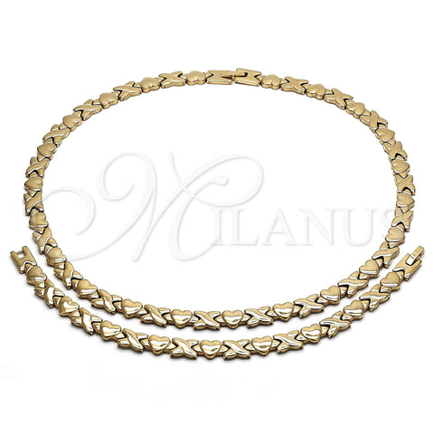 Stainless Steel Necklace and Bracelet, Hugs and Kisses and Heart Design, Polished, Golden Finish, 06.231.0004.2