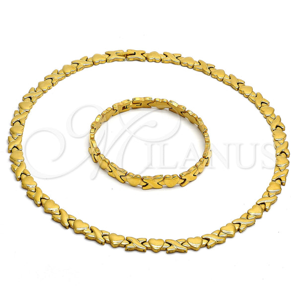 Stainless Steel Necklace and Bracelet, Hugs and Kisses and Heart Design, Polished, Golden Finish, 06.231.0004.2