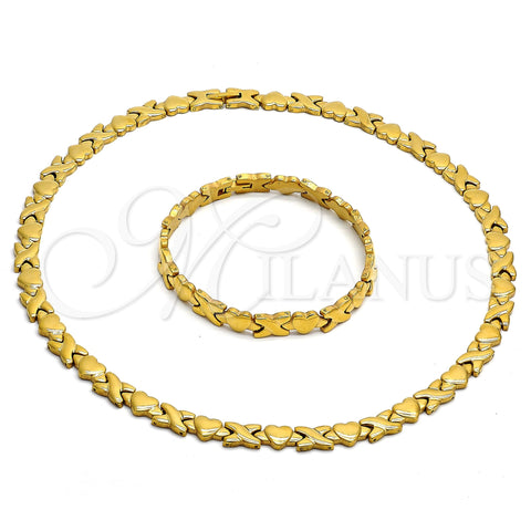Stainless Steel Necklace and Bracelet, Hugs and Kisses and Heart Design, Polished, Golden Finish, 06.231.0004.2