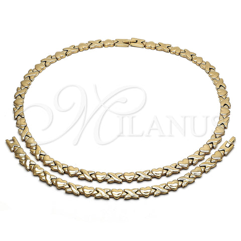 Stainless Steel Necklace and Bracelet, Hugs and Kisses and Heart Design, Polished, Golden Finish, 06.231.0004.2