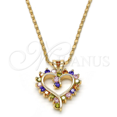 Oro Laminado Pendant Necklace, Gold Filled Style Heart Design, with Multicolor Cubic Zirconia, Polished, Golden Finish, 04.210.0001.1.18 (02 MM Thickness, 18 Inches Length)
