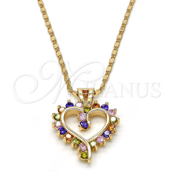 Oro Laminado Pendant Necklace, Gold Filled Style Heart Design, with Multicolor Cubic Zirconia, Polished, Golden Finish, 04.210.0001.1.18 (02 MM Thickness, 18 Inches Length)