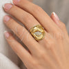 Oro Laminado Multi Stone Ring, Gold Filled Style Flower Design, with White Crystal, Polished, Golden Finish, 01.160.0003.10 (Size 10)
