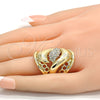 Oro Laminado Multi Stone Ring, Gold Filled Style Flower Design, with White Crystal, Polished, Golden Finish, 01.160.0003.10 (Size 10)