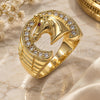Oro Laminado Mens Ring, Gold Filled Style Horse Design, with White and Ruby Cubic Zirconia, Diamond Cutting Finish, Golden Finish, 01.185.0005.09 (Size 9)