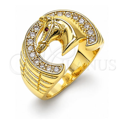 Oro Laminado Mens Ring, Gold Filled Style Horse Design, with White and Ruby Cubic Zirconia, Diamond Cutting Finish, Golden Finish, 01.185.0005.09 (Size 9)