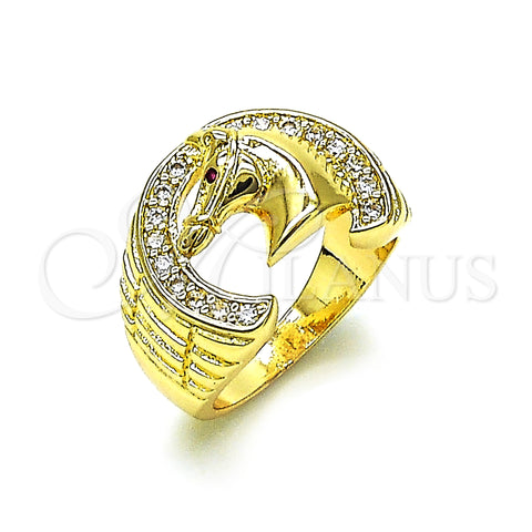 Oro Laminado Mens Ring, Gold Filled Style Horse Design, with White and Ruby Cubic Zirconia, Diamond Cutting Finish, Golden Finish, 01.185.0005.09 (Size 9)