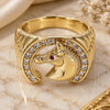 Oro Laminado Mens Ring, Gold Filled Style Horse Design, with White and Ruby Cubic Zirconia, Polished, Golden Finish, 01.185.0005.10 (Size 10)