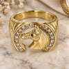 Oro Laminado Mens Ring, Gold Filled Style Horse Design, with White and Ruby Cubic Zirconia, Polished, Golden Finish, 01.185.0005.11 (Size 11)