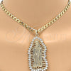 Oro Laminado Religious Pendant, Gold Filled Style Guadalupe Design, with White Cubic Zirconia, Polished, Golden Finish, 05.94.0001