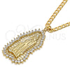 Oro Laminado Religious Pendant, Gold Filled Style Guadalupe Design, with White Cubic Zirconia, Polished, Golden Finish, 05.94.0001