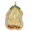 Oro Laminado Religious Pendant, Gold Filled Style Guadalupe Design, with Multicolor Cubic Zirconia, Polished, Golden Finish, 05.94.0001.1