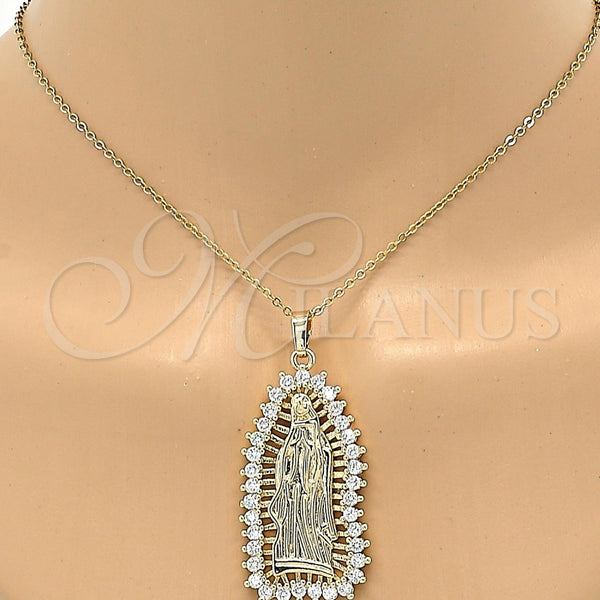 Oro Laminado Religious Pendant, Gold Filled Style Guadalupe Design, with White Cubic Zirconia, Polished, Golden Finish, 05.94.0002