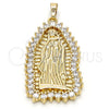 Oro Laminado Religious Pendant, Gold Filled Style Guadalupe Design, with White Cubic Zirconia, Polished, Golden Finish, 05.94.0002