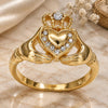 Oro Laminado Multi Stone Ring, Gold Filled Style Heart and Crown Design, with White Crystal, Polished, Golden Finish, 01.118.0057.06 (Size 6)