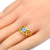 Oro Laminado Multi Stone Ring, Gold Filled Style Crown and Evil Eye Design, with White Crystal, Multicolor Enamel Finish, Golden Finish, 01.118.0060.06 (Size 6)