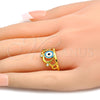 Oro Laminado Multi Stone Ring, Gold Filled Style Crown and Evil Eye Design, with White Crystal, Multicolor Enamel Finish, Golden Finish, 01.118.0060.06 (Size 6)