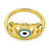Oro Laminado Multi Stone Ring, Gold Filled Style Crown and Evil Eye Design, with White Crystal, Multicolor Enamel Finish, Golden Finish, 01.118.0060.06 (Size 6)
