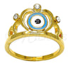 Oro Laminado Multi Stone Ring, Gold Filled Style Crown and Evil Eye Design, with White Crystal, Multicolor Enamel Finish, Golden Finish, 01.118.0060.06 (Size 6)