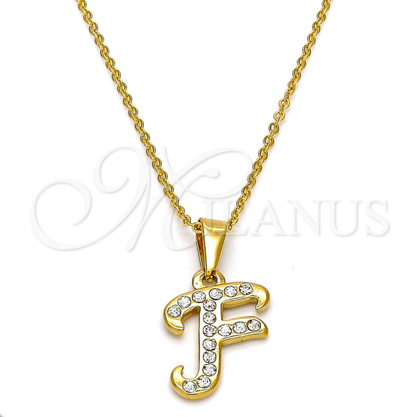 Stainless Steel Pendant Necklace, Initials and Rolo Design, with White Crystal, Polished, Golden Finish, 04.238.0005.18 (02 MM Thickness, 18 Inches Length)