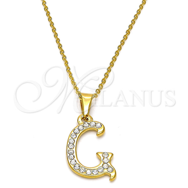 Stainless Steel Pendant Necklace, Initials and Rolo Design, with White Crystal, Polished, Golden Finish, 04.238.0006.18 (02 MM Thickness, 18 Inches Length)