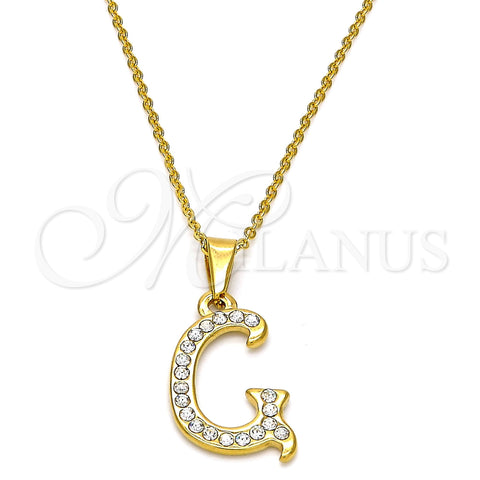 Stainless Steel Pendant Necklace, Initials and Rolo Design, with White Crystal, Polished, Golden Finish, 04.238.0006.18 (02 MM Thickness, 18 Inches Length)