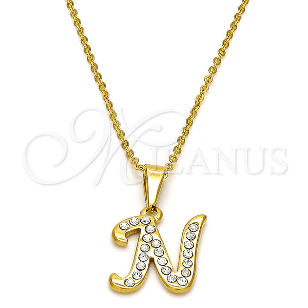 Stainless Steel Pendant Necklace, Initials and Rolo Design, with White Crystal, Polished, Golden Finish, 04.238.0012.18 (02 MM Thickness, 18 Inches Length)