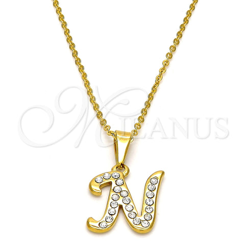 Stainless Steel Pendant Necklace, Initials and Rolo Design, with White Crystal, Polished, Golden Finish, 04.238.0012.18 (02 MM Thickness, 18 Inches Length)
