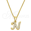 Stainless Steel Pendant Necklace, Initials and Rolo Design, with White Crystal, Polished, Golden Finish, 04.238.0012.18 (02 MM Thickness, 18 Inches Length)