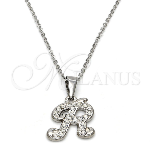 Stainless Steel Pendant Necklace, Initials and Rolo Design, with White Crystal, Polished, Steel Finish, 04.238.0013.1.18 (02 MM Thickness, 18 Inches Length)