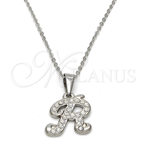 Stainless Steel Pendant Necklace, Initials and Rolo Design, with White Crystal, Polished, Steel Finish, 04.238.0013.1.18 (02 MM Thickness, 18 Inches Length)