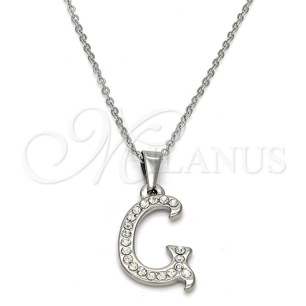Stainless Steel Pendant Necklace, Initials and Rolo Design, with White Crystal, Polished, Steel Finish, 04.238.0006.1.18 (02 MM Thickness, 18 Inches Length)