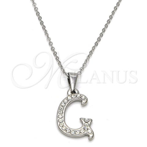 Stainless Steel Pendant Necklace, Initials and Rolo Design, with White Crystal, Polished, Steel Finish, 04.238.0006.1.18 (02 MM Thickness, 18 Inches Length)