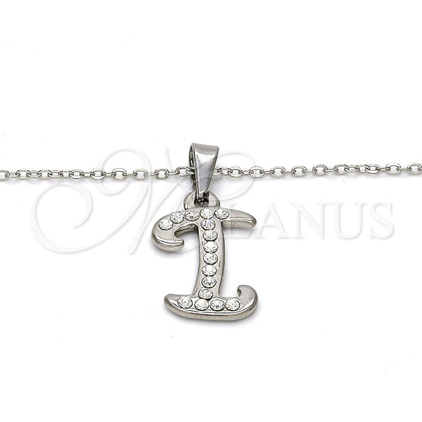 Stainless Steel Pendant Necklace, Initials and Rolo Design, with White Crystal, Polished, Steel Finish, 04.238.0008.1.18 (02 MM Thickness, 18 Inches Length)