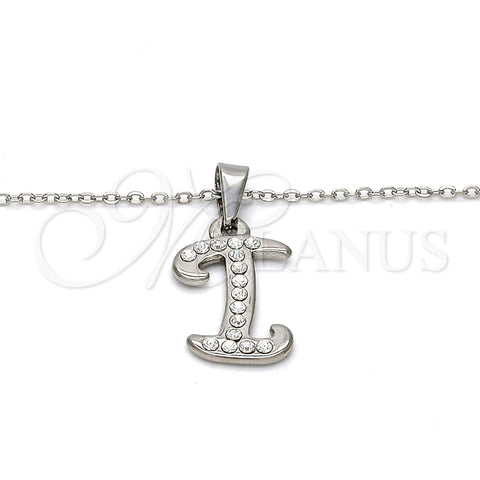 Stainless Steel Pendant Necklace, Initials and Rolo Design, with White Crystal, Polished, Steel Finish, 04.238.0008.1.18 (02 MM Thickness, 18 Inches Length)