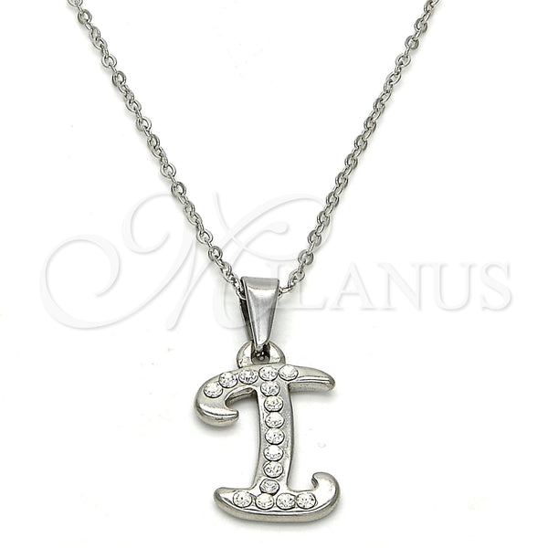 Stainless Steel Pendant Necklace, Initials and Rolo Design, with White Crystal, Polished, Steel Finish, 04.238.0008.1.18 (02 MM Thickness, 18 Inches Length)
